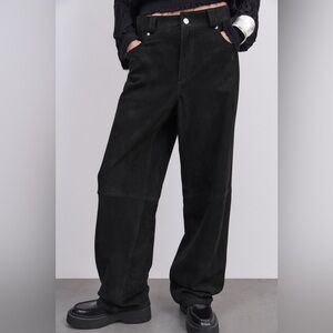 Zara Suede Leather Pants L Black NWT